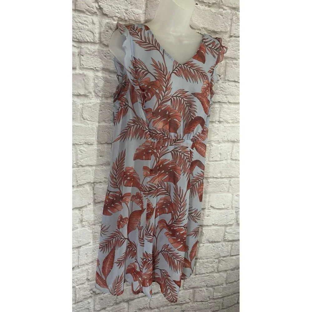 CAbi 5381 Isabel Blue Coral Palm Leaf Print Ruffle Summer Dress M Tropical Beach